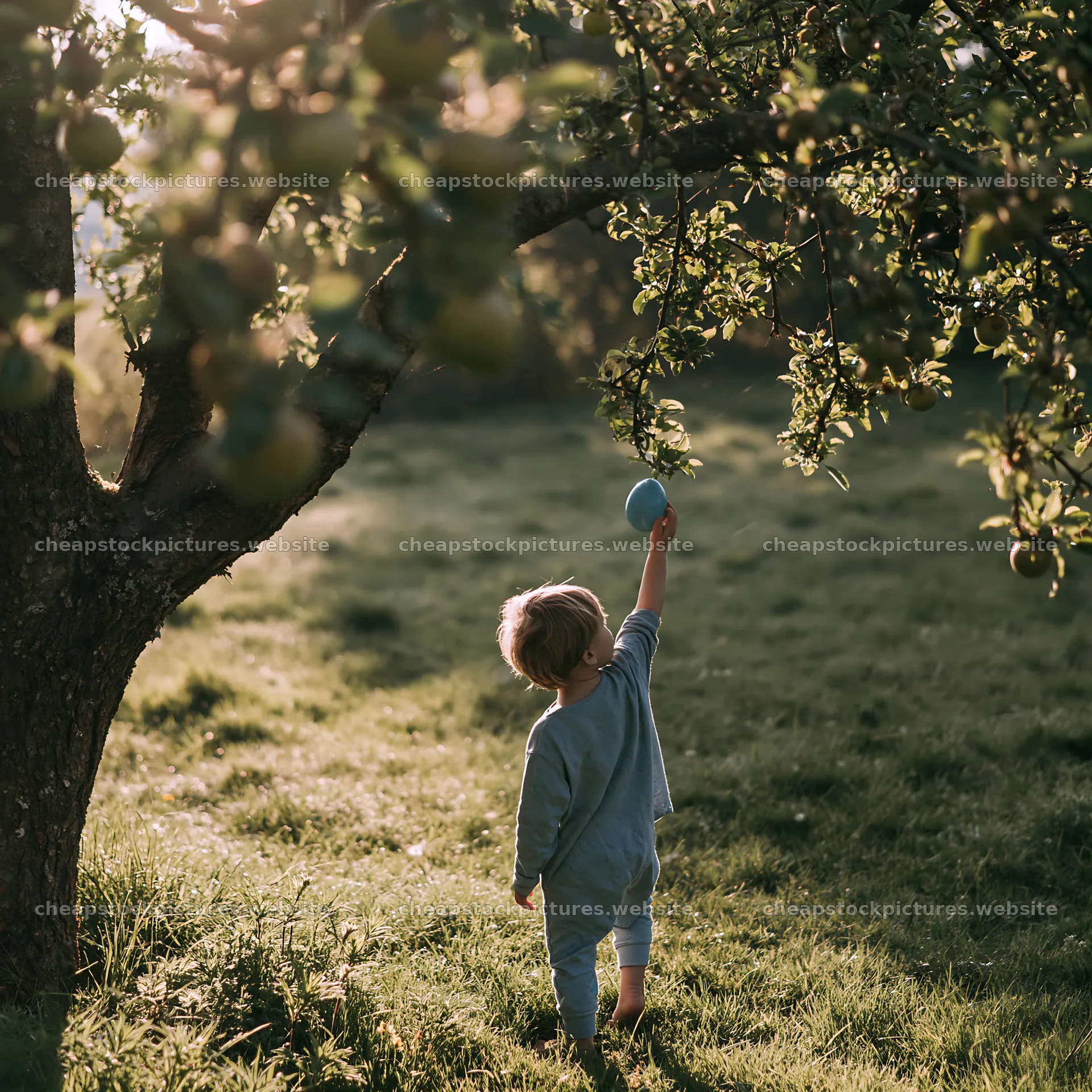 Boy picking apples in sunny orchard during Easter – stock pictures 7938x7938