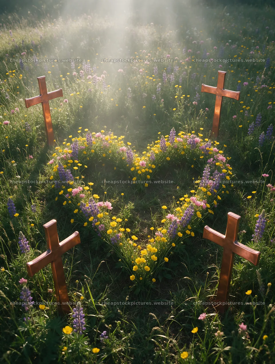 Christian crosses in meadow with sunlight rays – stock pictures 6898x9134