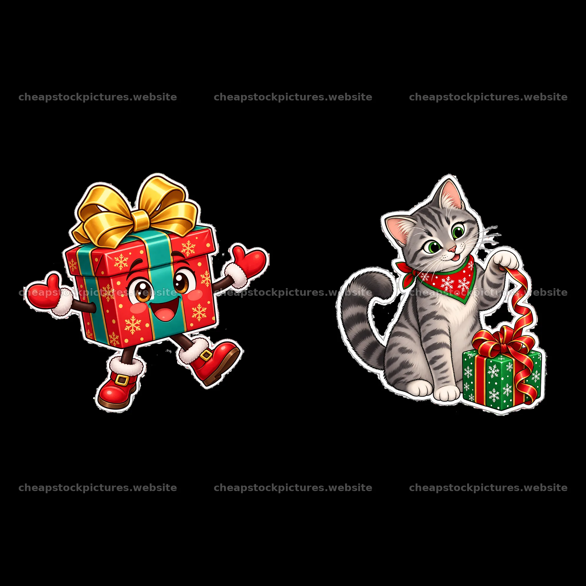 Cheerful present box and playful cat with small gifts for Christmas – stock pictures 7746x7746