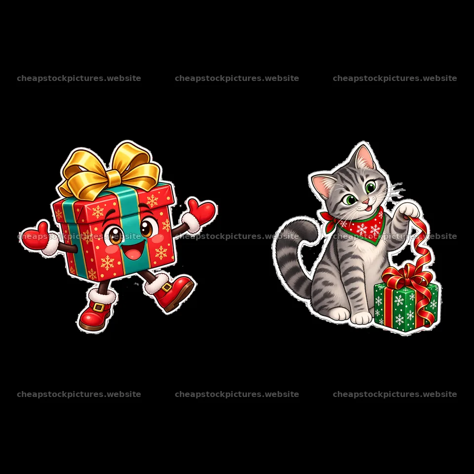 Cheerful present box and playful cat with small gifts for Christmas – stock pictures 7746x7746