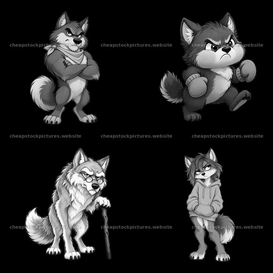 Grumpy wolf characters in various poses and expressions – stock pictures 7746x7746