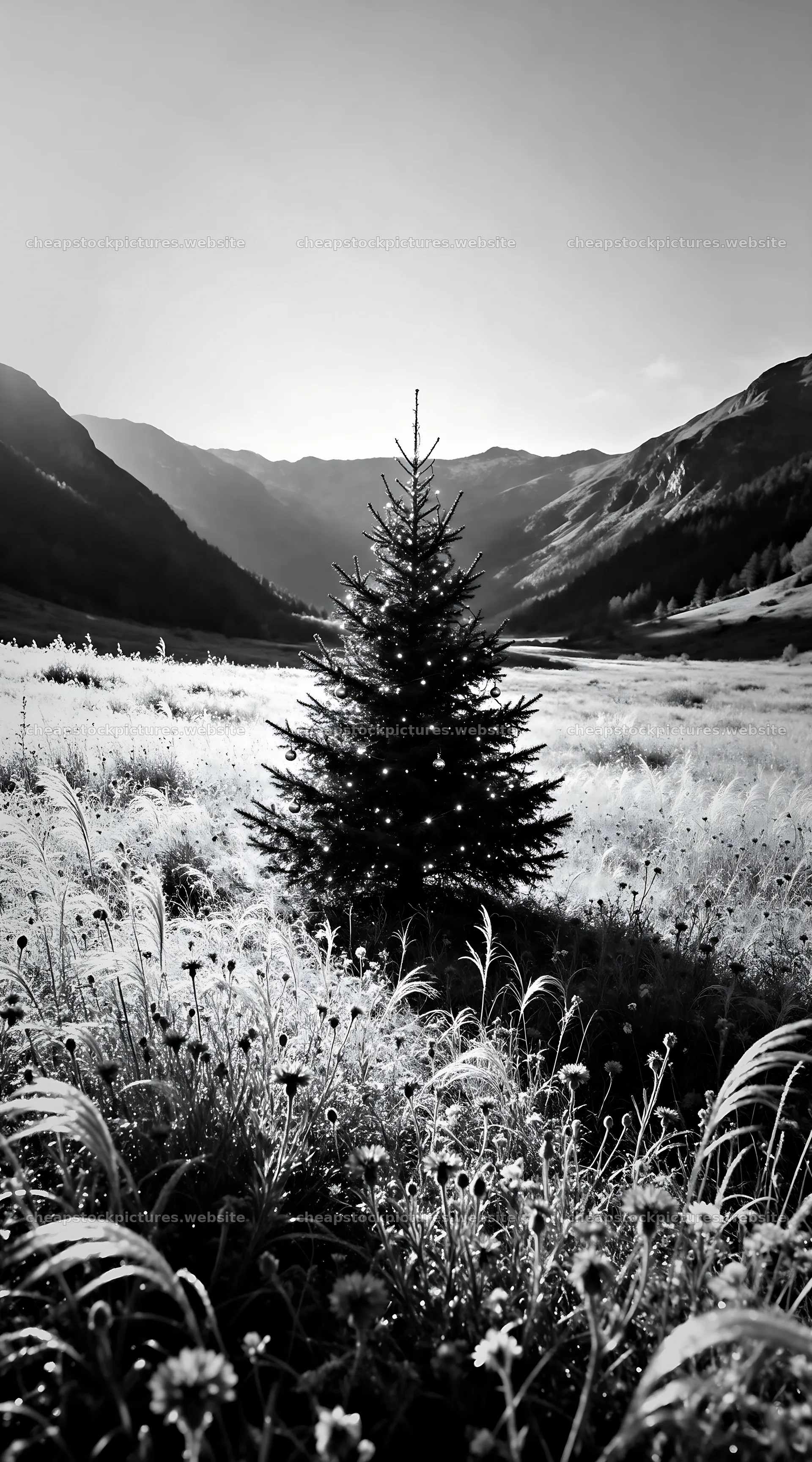 Vibrant Christmas tree in meadow under winter sunlight – stock pictures 5916x10648