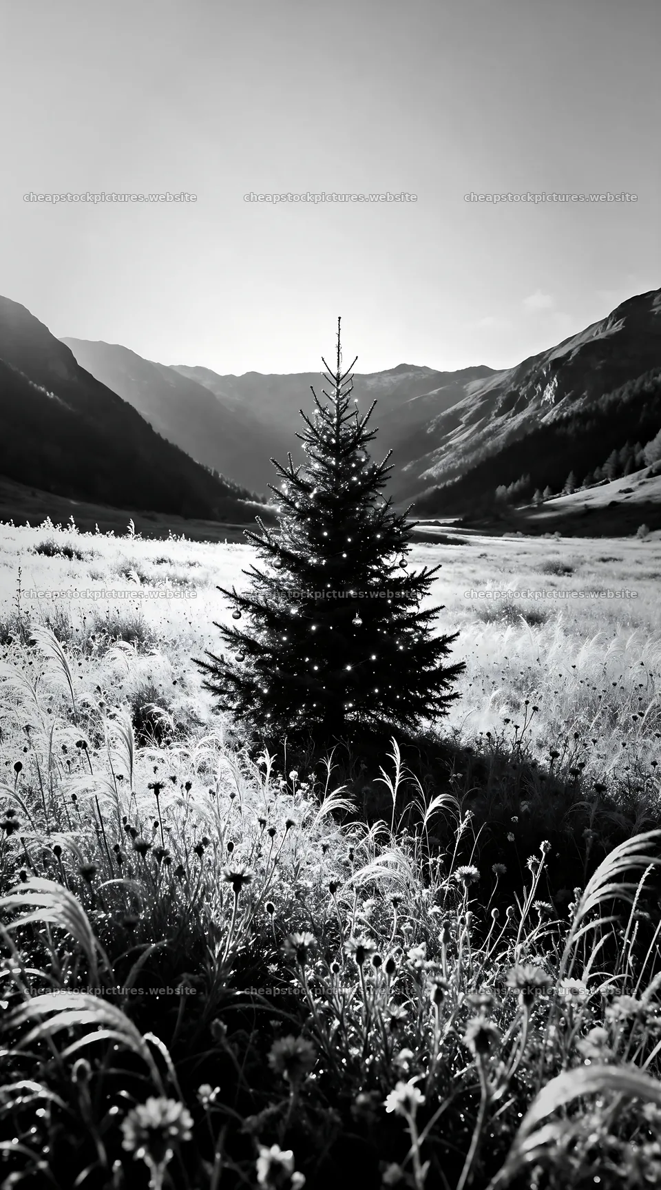 Vibrant Christmas tree in meadow under winter sunlight – stock pictures 5916x10648