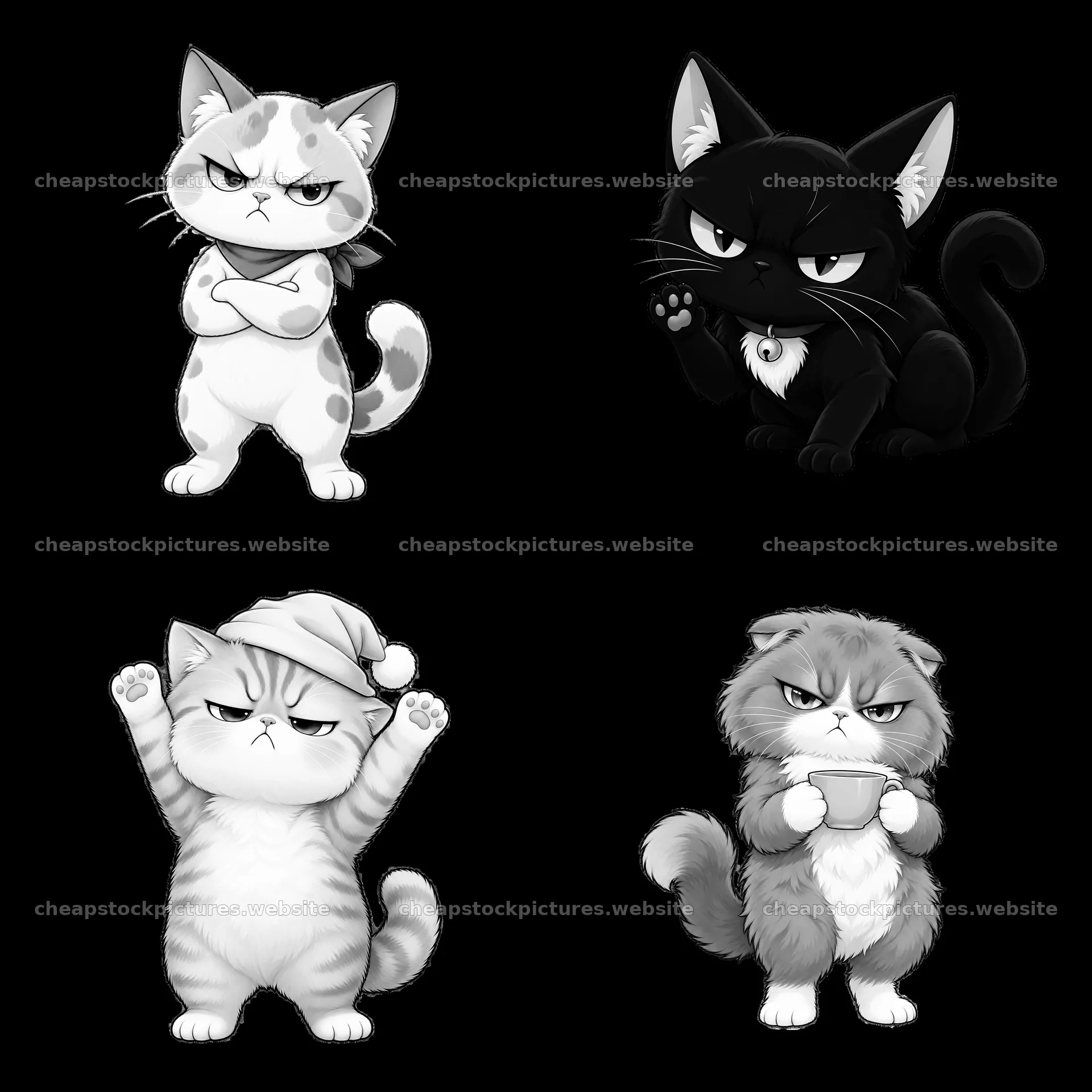 Kawaii grumpy cats in four different poses and expressions – stock pictures 7746x7746