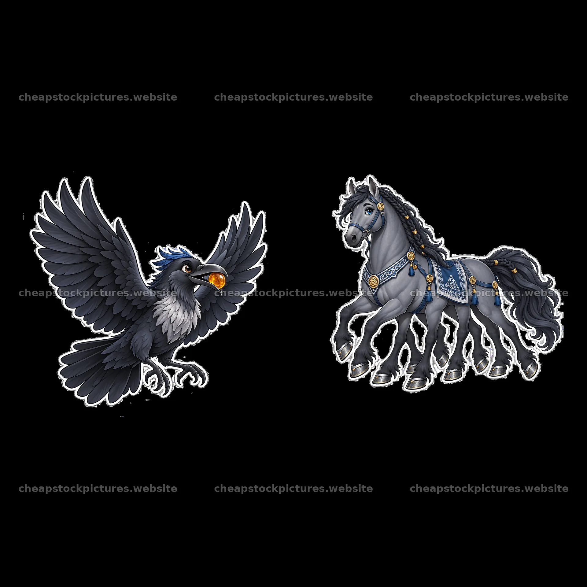 Odin's raven and horse in cartoon style illustration – stock pictures 7746x7746