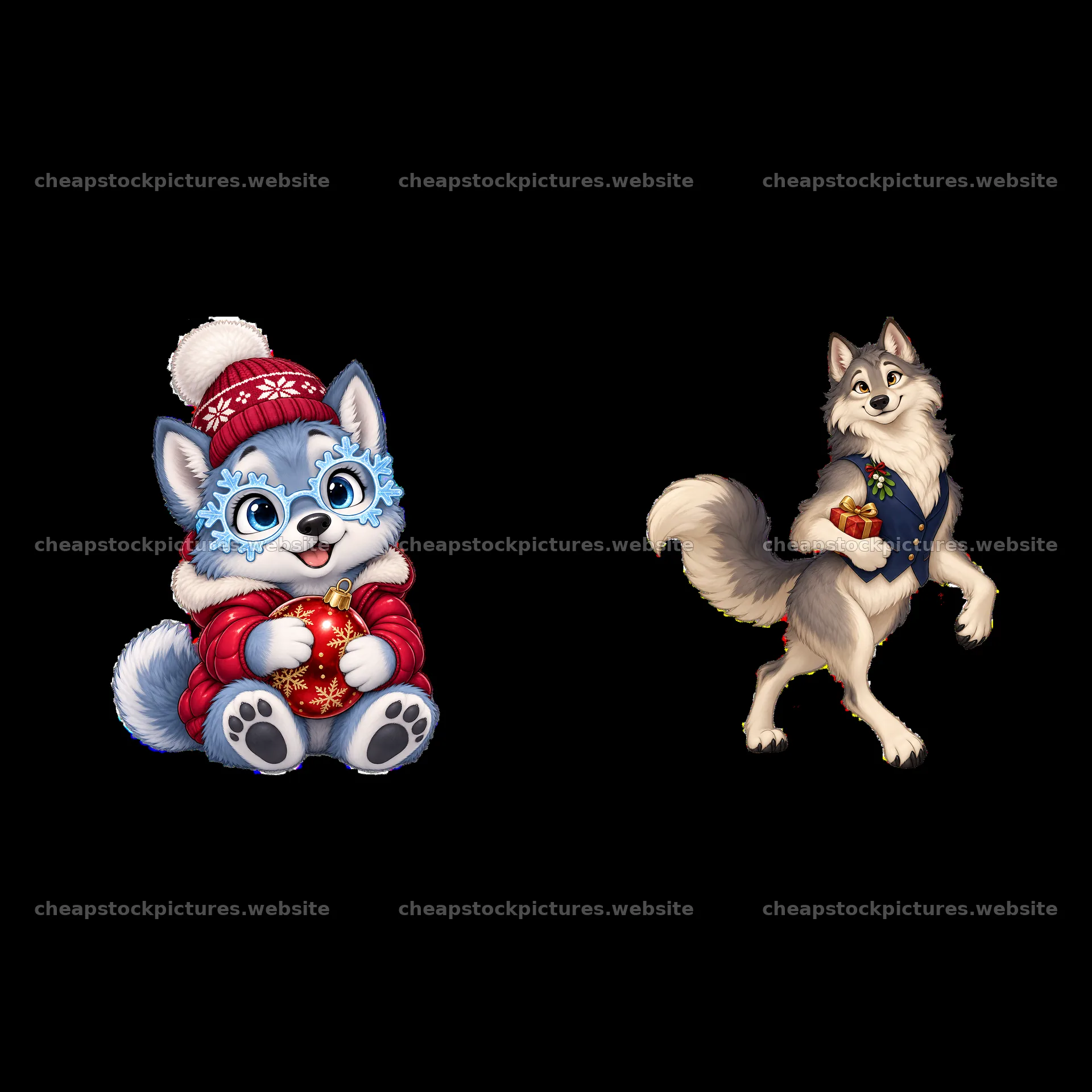 Christmas wolf characters with gifts in winter attire – stock pictures 7746x7746