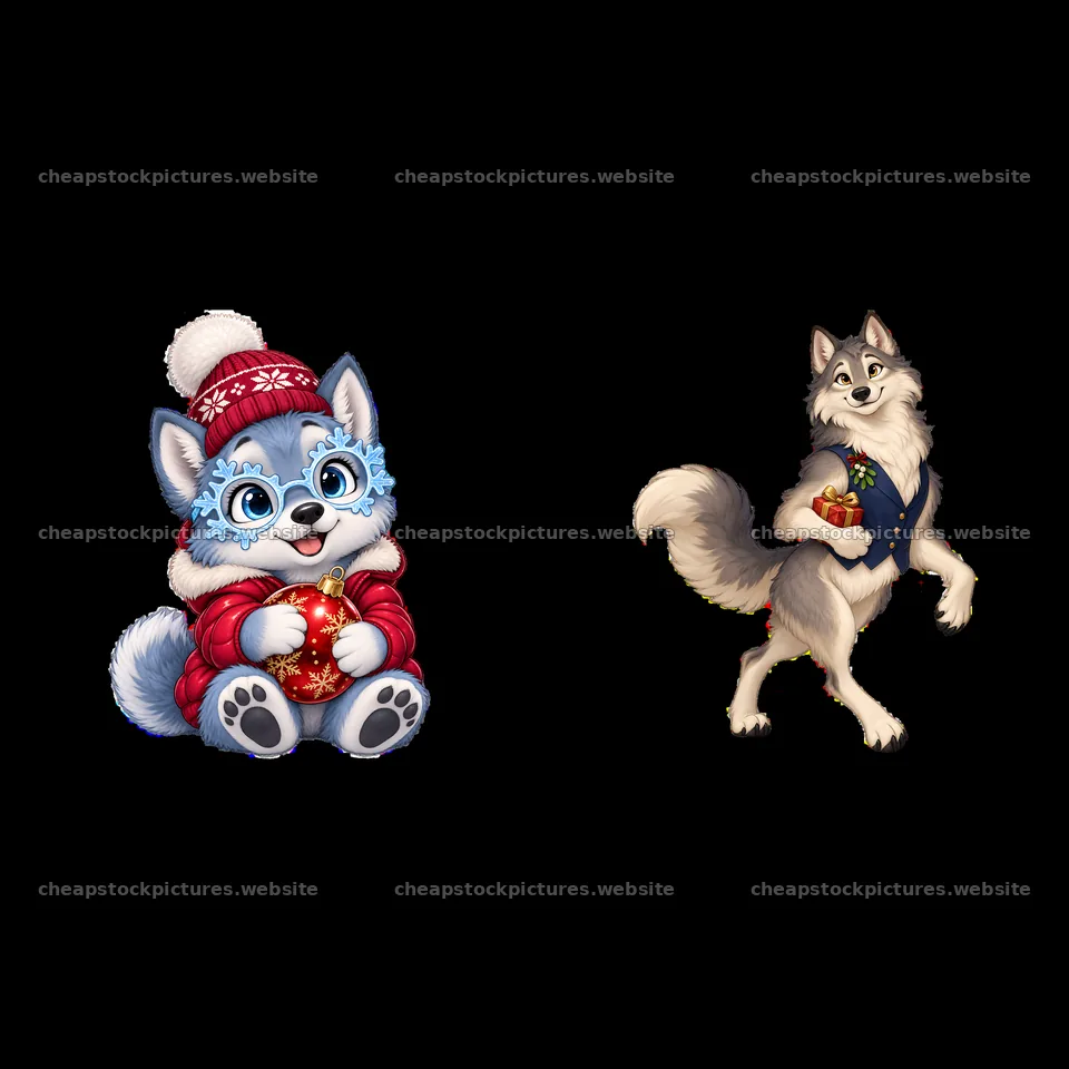 Christmas wolf characters with gifts in winter attire – stock pictures 7746x7746