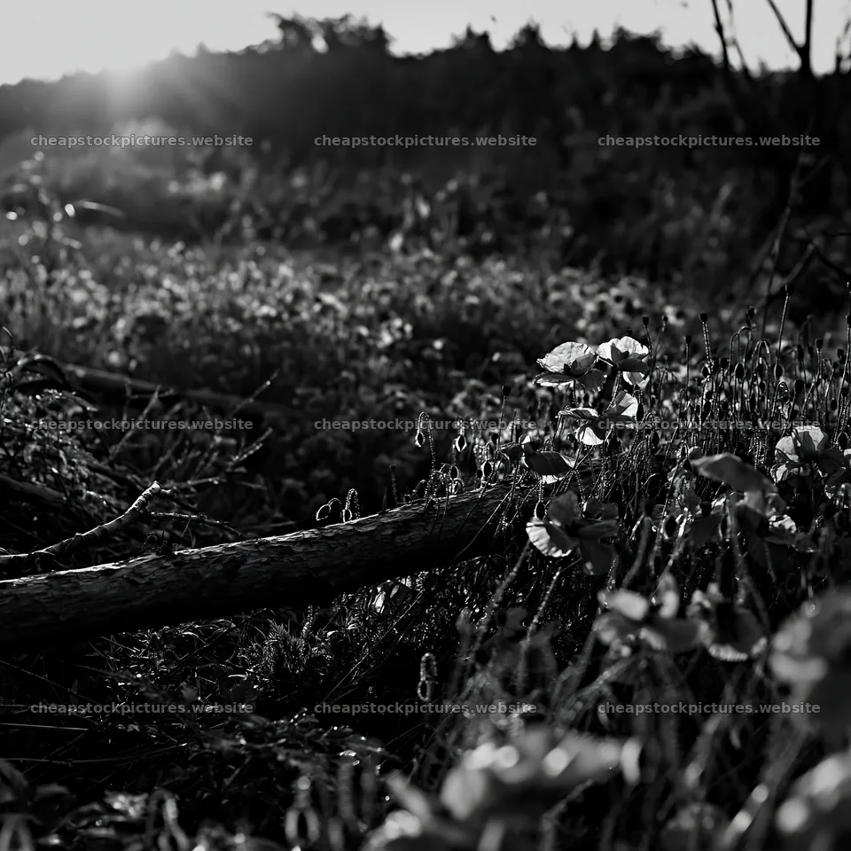 Yamagata rewilded meadow fallen branch and red flowers – stock pictures 7938x7938