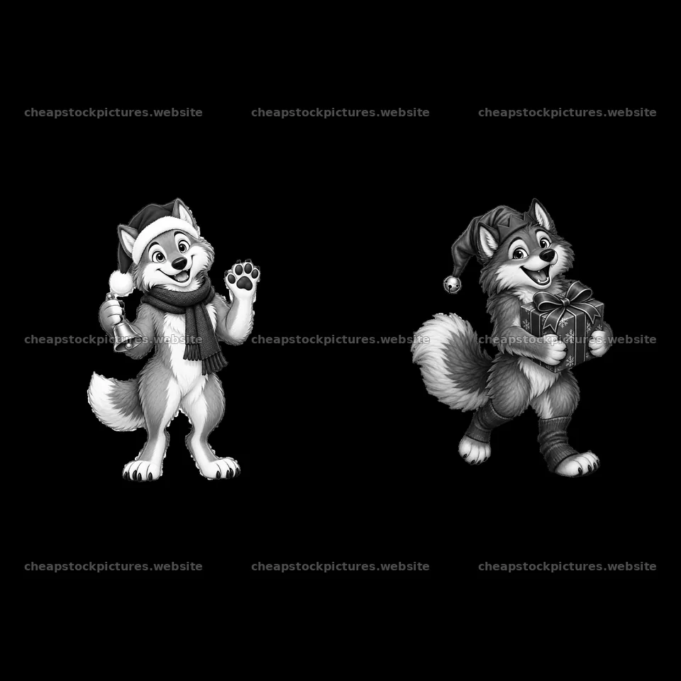 Christmas wolves with holiday accessories in black and white – stock pictures 7746x7746