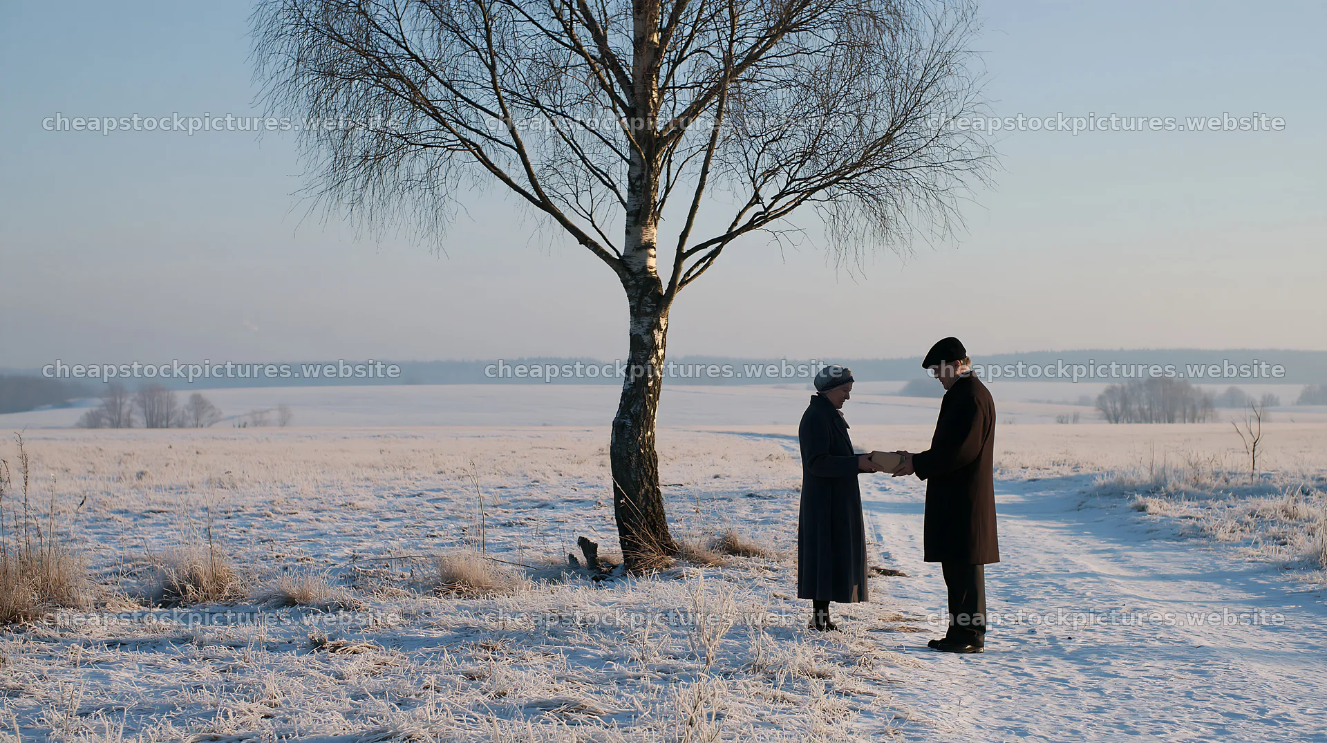 Winter meadow with two people exchanging gifts – stock pictures 10608x5938
