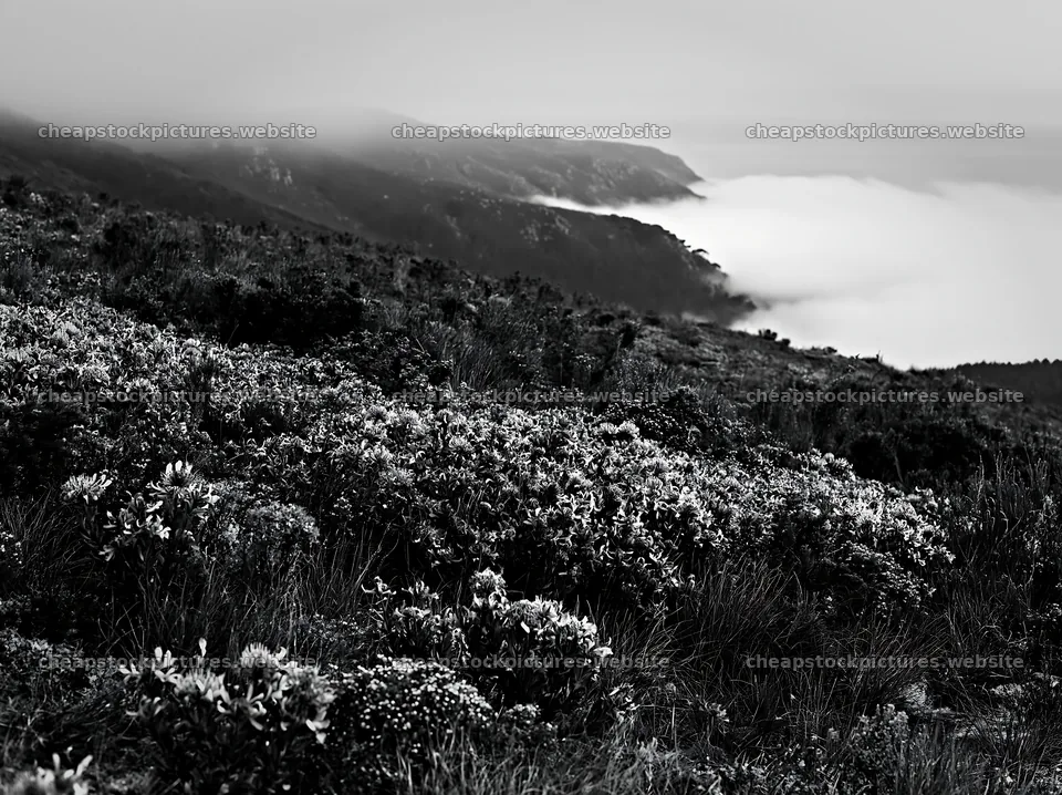 Colorful orchid meadow on the hillside with mist and clouds – stock pictures 9174x6866