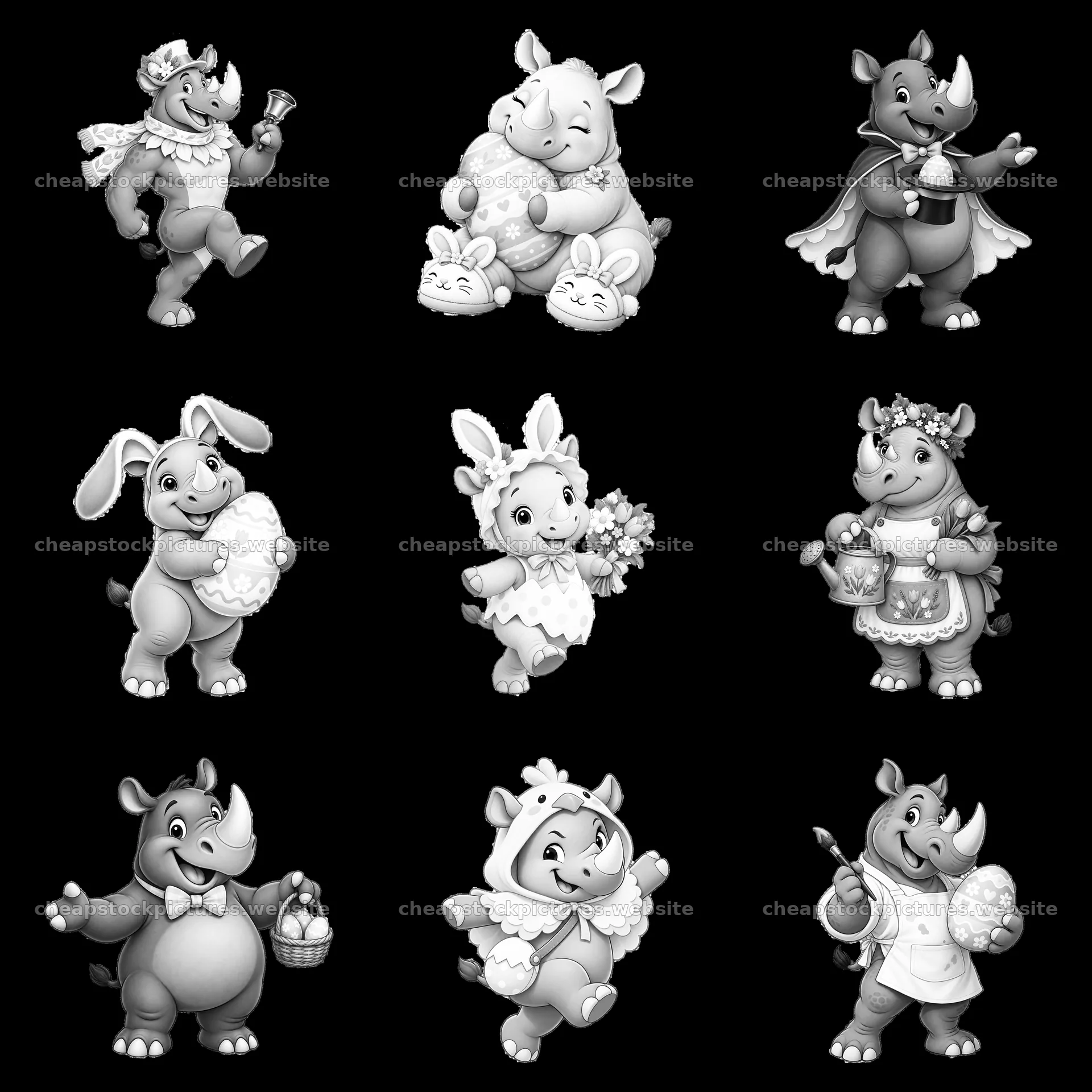 Rhinoceroses in Easter costumes with eggs and decorations – stock pictures 7746x7746