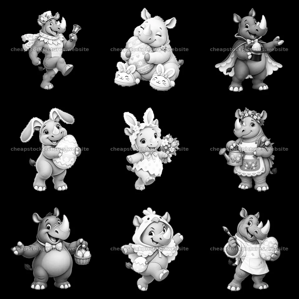 Rhinoceroses in Easter costumes with eggs and decorations – stock pictures 7746x7746