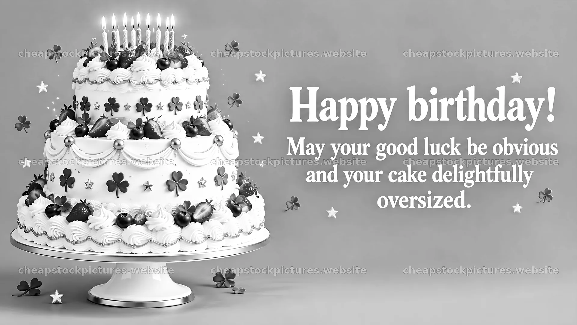 Monochrome Birthday Cake Greeting with Good Luck Message – stock pictures 10324x5812
