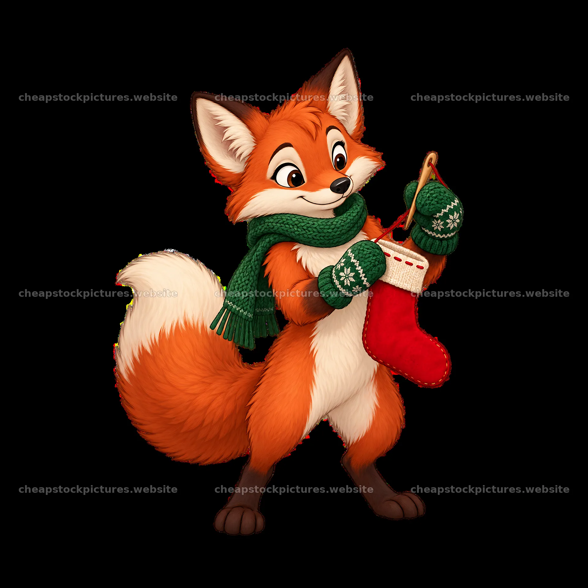 Fox with Christmas stocking and scarf near a fireplace – stock pictures 7746x7746
