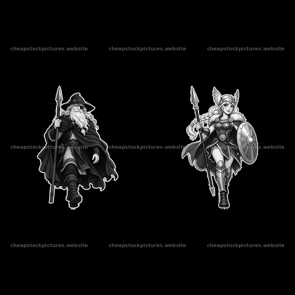 Odin and Valkyrie in black-and-white cartoon illustration – stock pictures 7746x7746