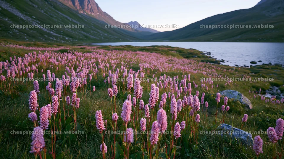Swiss meadow with pink flowers beside alpine lake – stock pictures 10608x5938