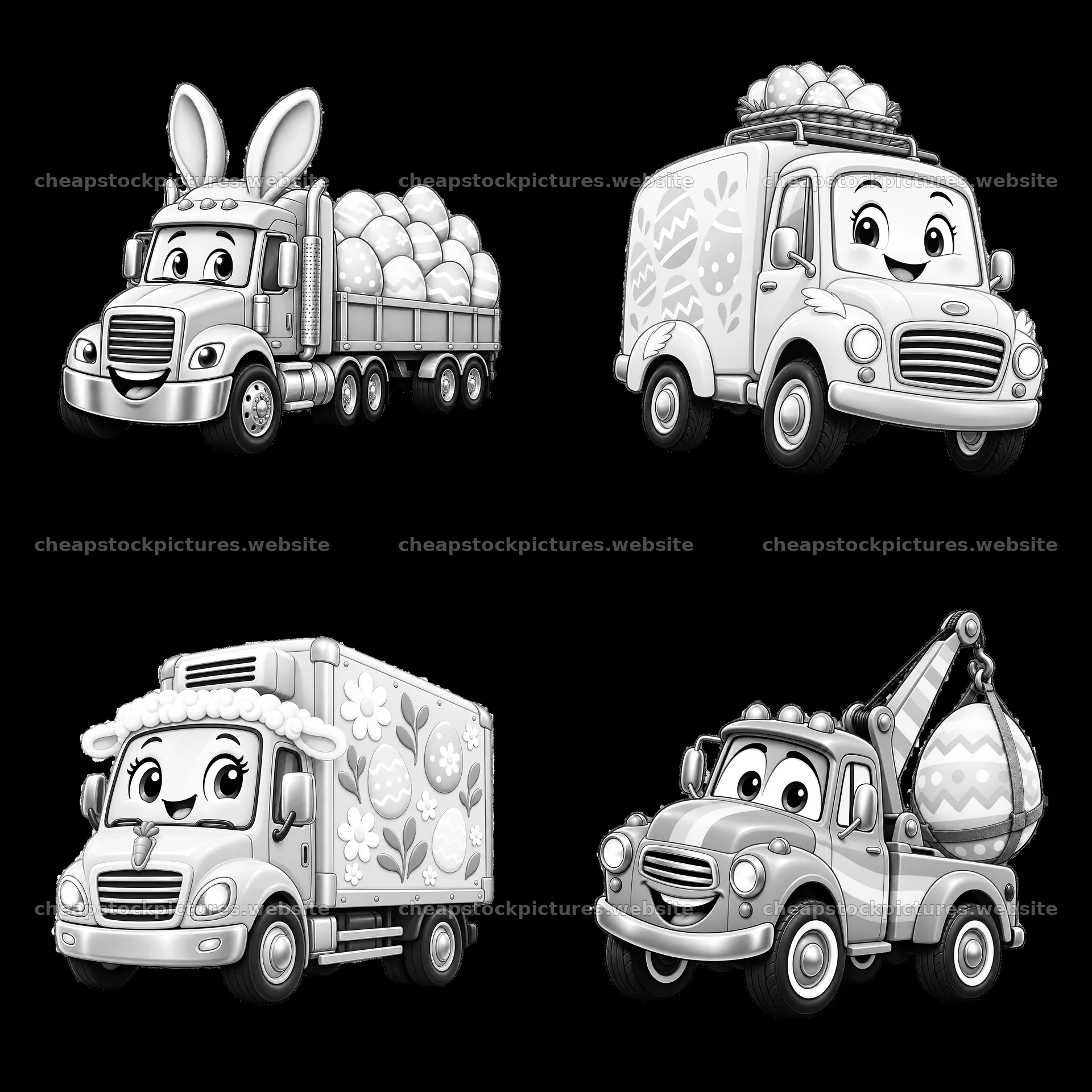 Easter-themed trucks with bunny ears and decorated eggs – stock pictures 7746x7746