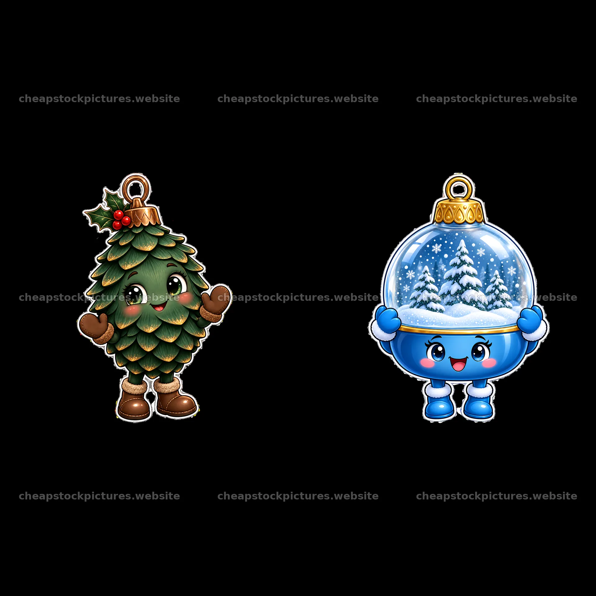Cheerful Christmas ornaments with pine tree and snow globe designs – stock pictures 7746x7746