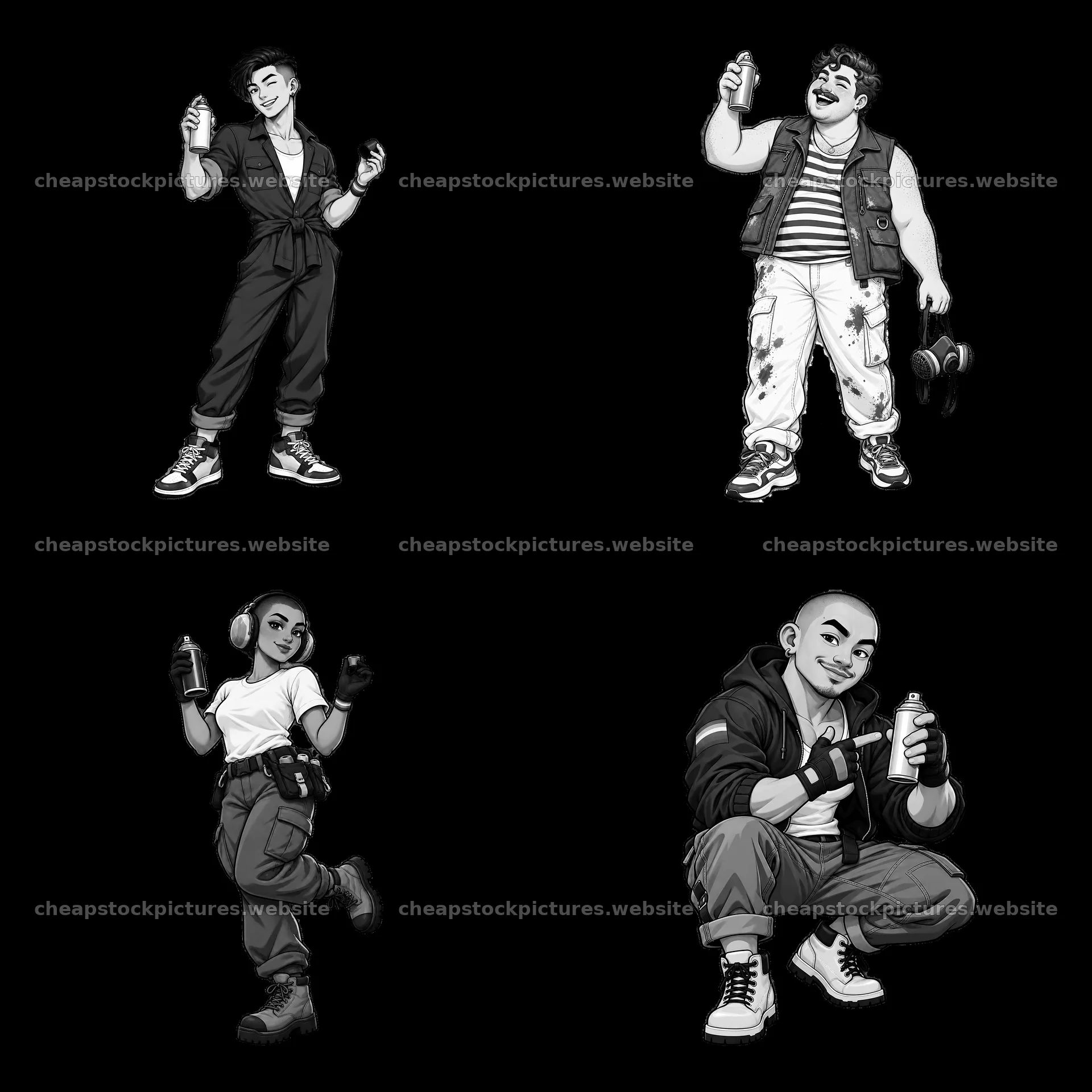 Gay graffiti spray painters with cans in monochrome illustration – stock pictures 7746x7746