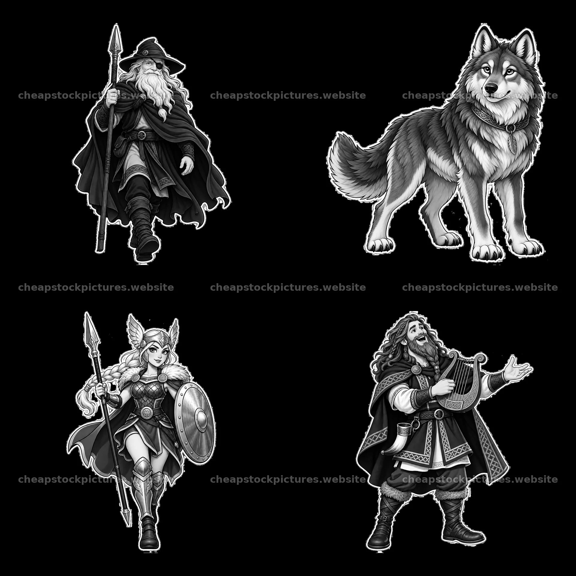 Odin and companions in black-and-white cartoon sticker design – stock pictures 7746x7746