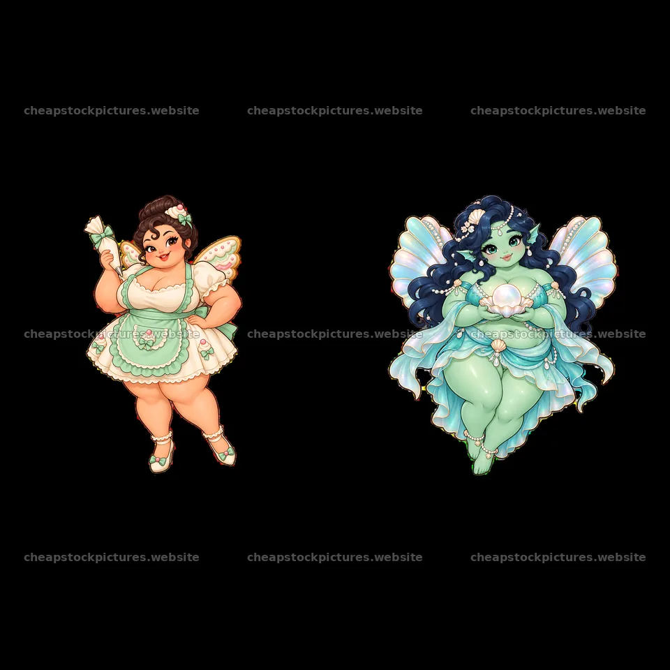 Kawaii ultra-fat fairies holding accessories and showing charm – stock pictures 7746x7746