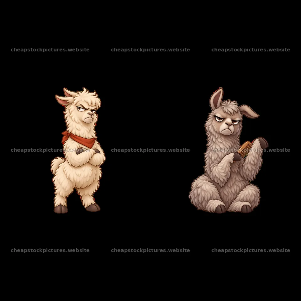 Grumpy llamas with accessories and distinct expressions – stock pictures 7746x7746