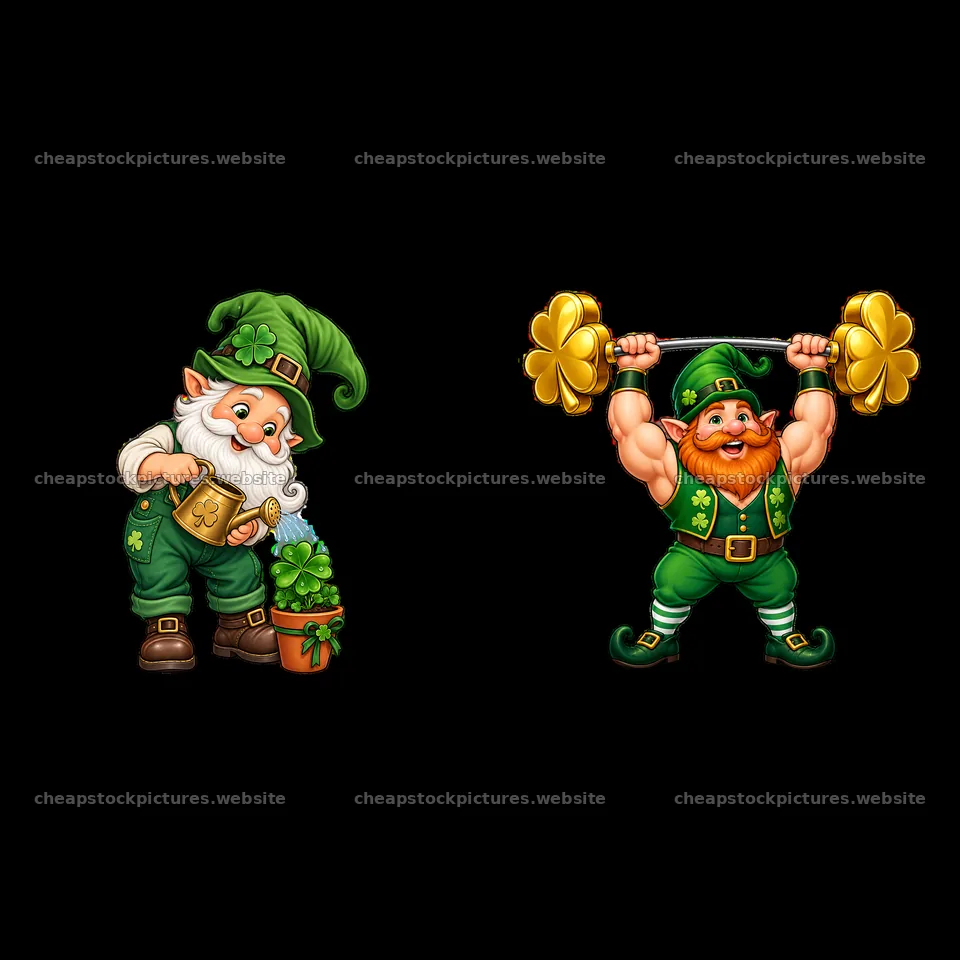 Gnome holding a shamrock and lifting weights for St. Patrick's Day – stock pictures 7746x7746