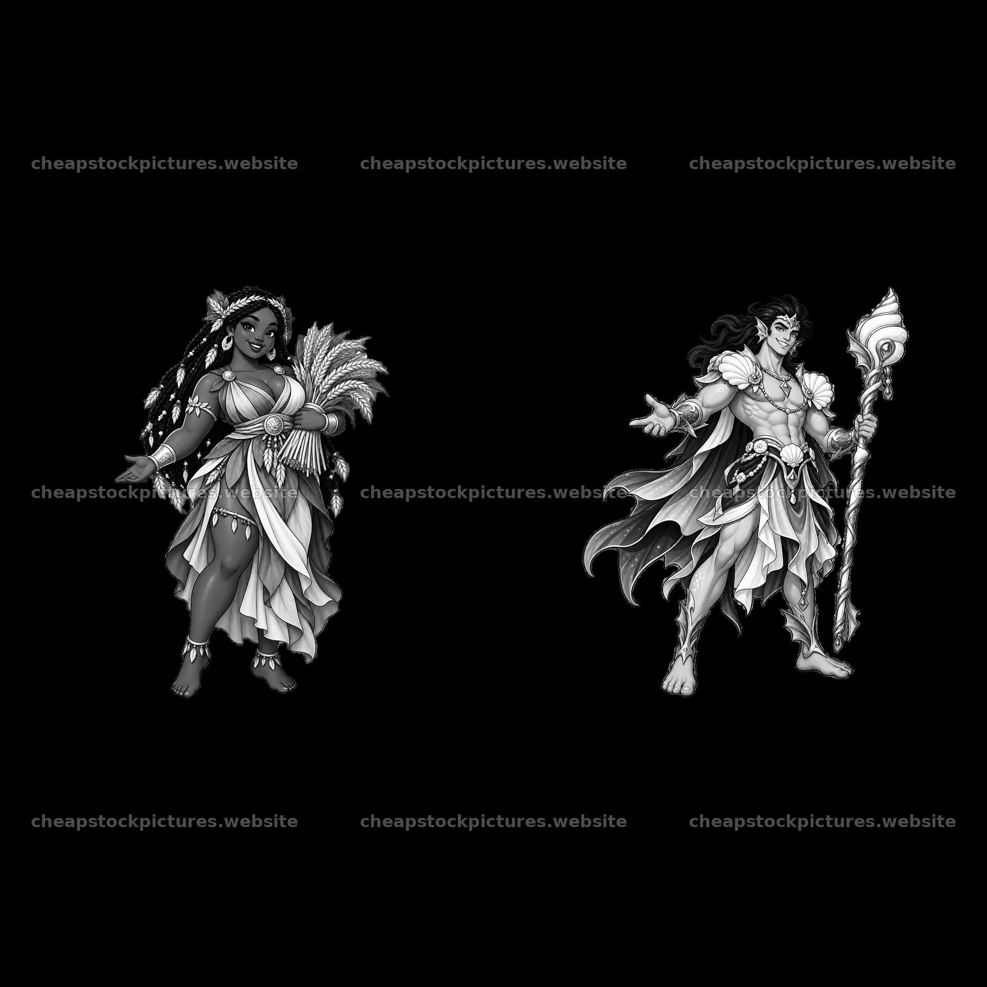 Pagan gods in black and white cartoon illustration – stock pictures 7746x7746