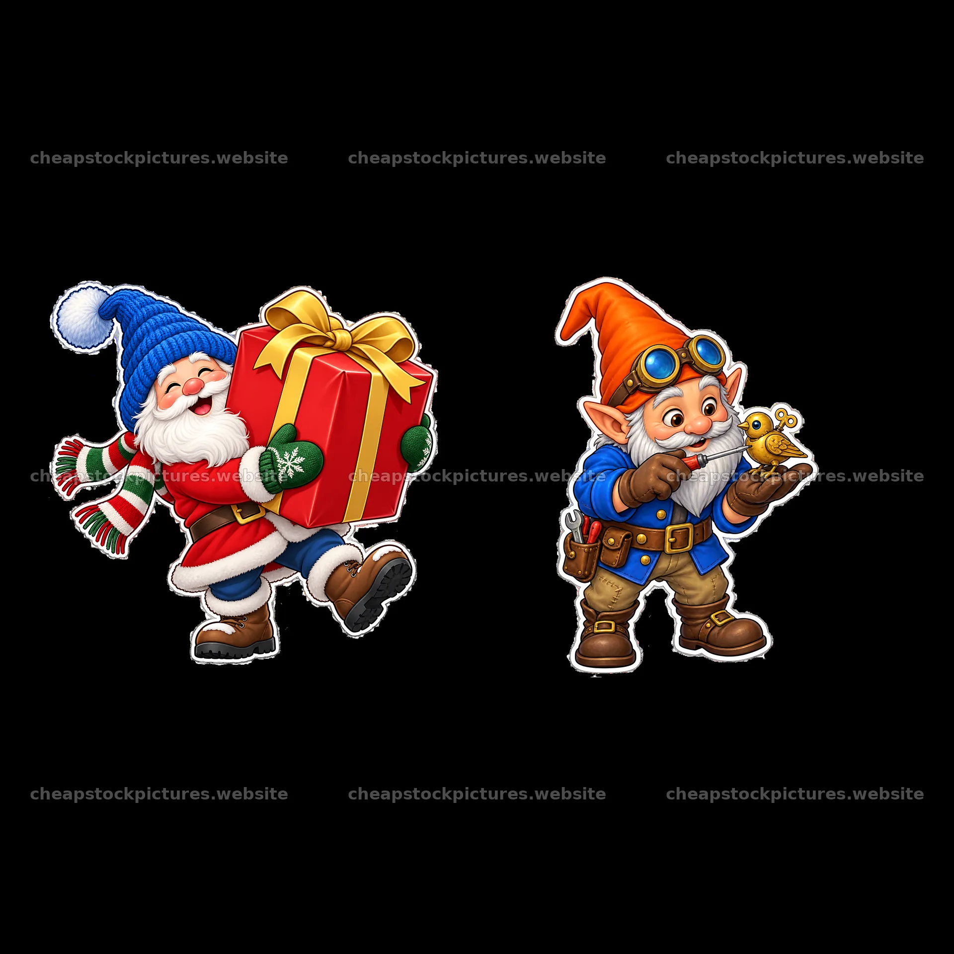 Two cheerful gnomes with gifts and toys – stock pictures 7746x7746