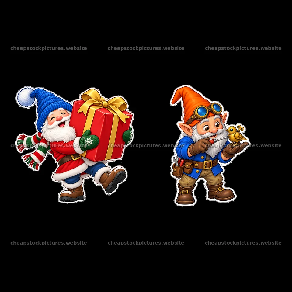 Two cheerful gnomes with gifts and toys – stock pictures 7746x7746