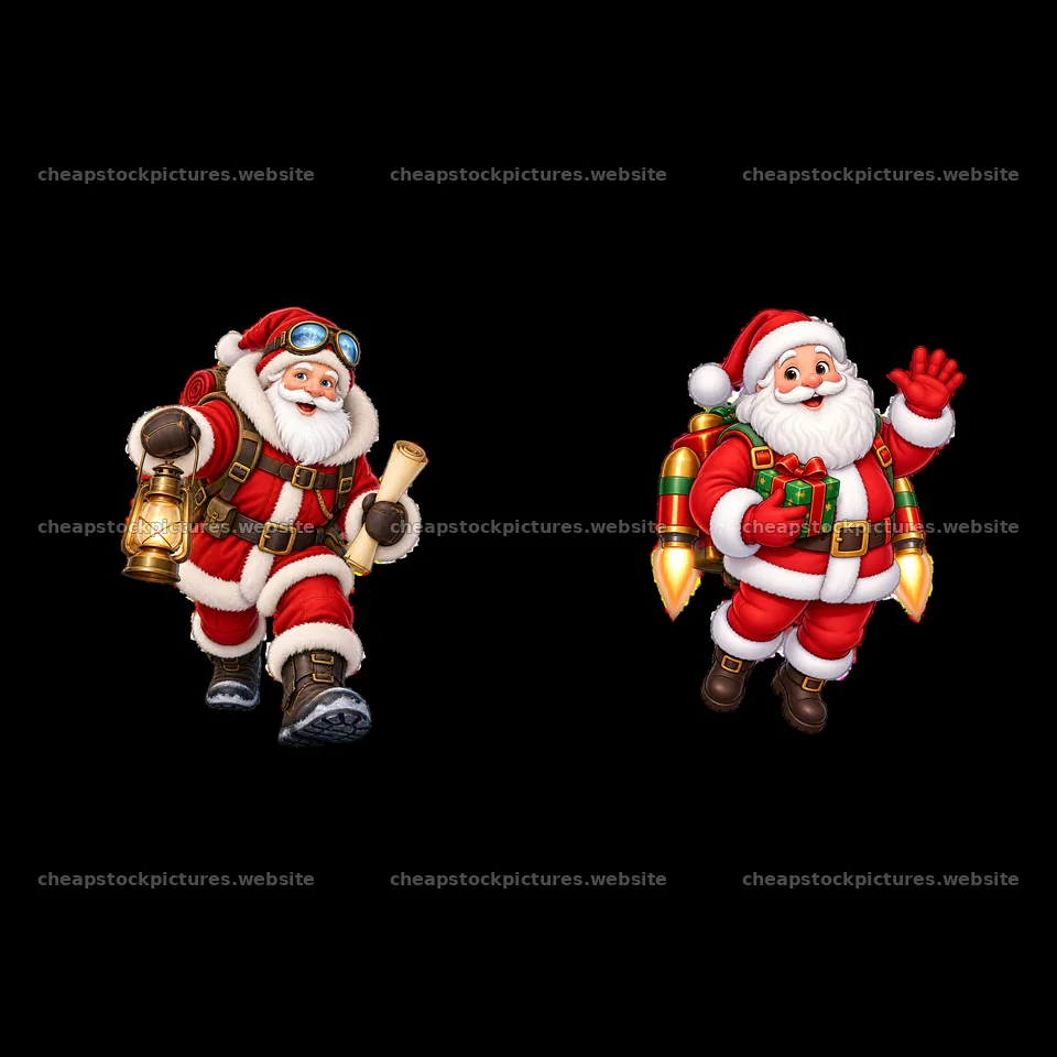 Santa Claus carrying a lantern and another with a gift and jetpack – stock pictures 7746x7746