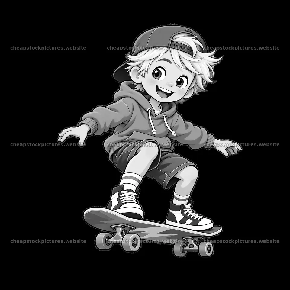 Blond child skateboarding and smiling in black and white style – stock pictures 7746x7746