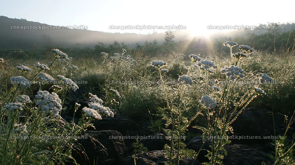 Yamanashi regenerative meadow with basalt stones in morning light – stock pictures 10608x5938