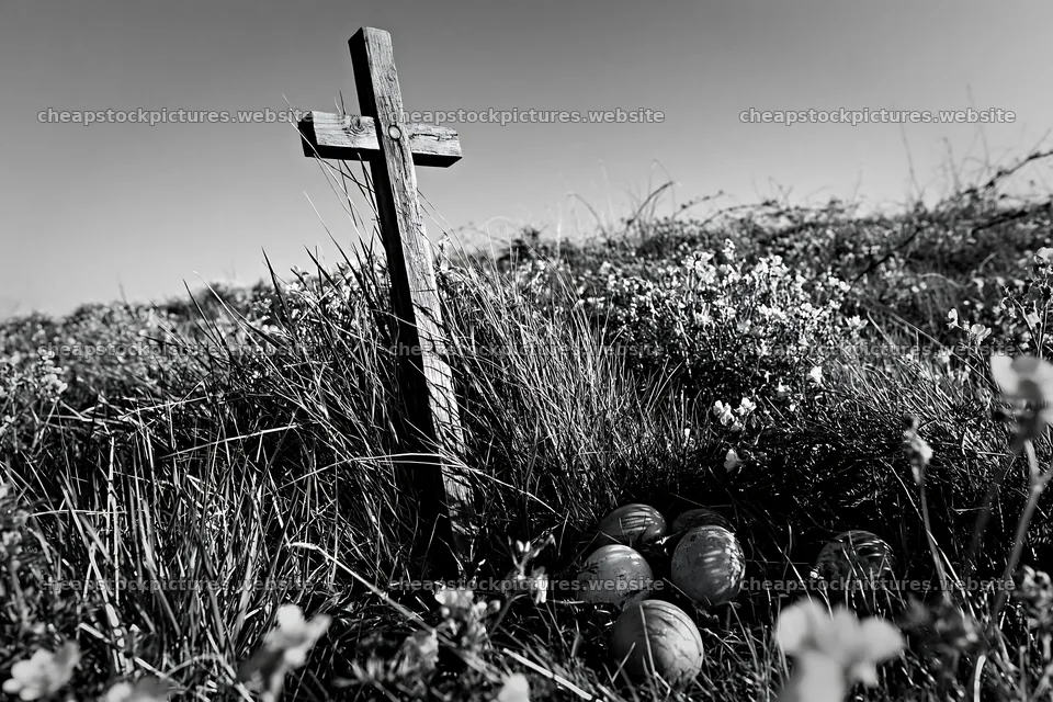 Christian cross in yellow wildflower meadow with stones – stock pictures 9722x6480