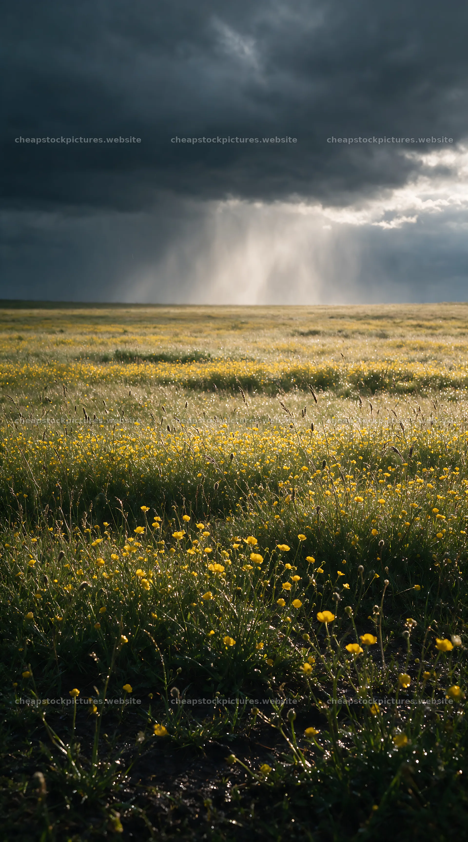 Dewy meadow with yellow flowers under a cloudy sky – stock pictures 5916x10648