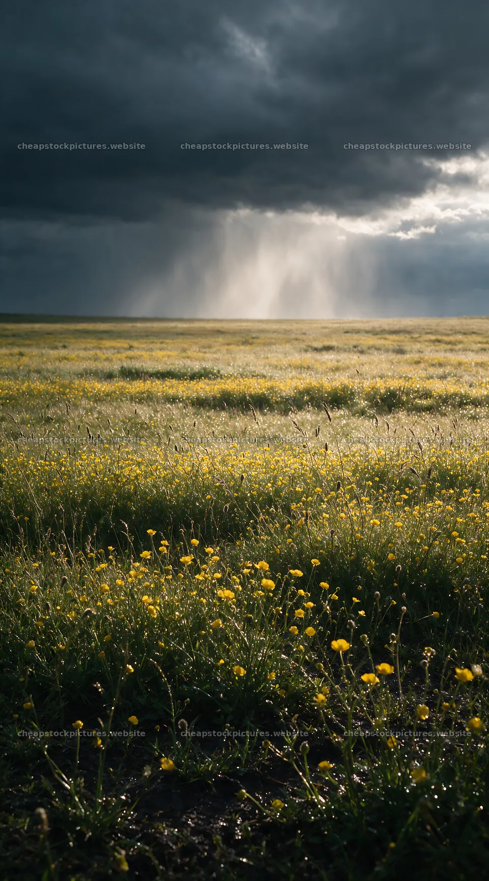 Dewy meadow with yellow flowers under a cloudy sky – stock pictures 5916x10648