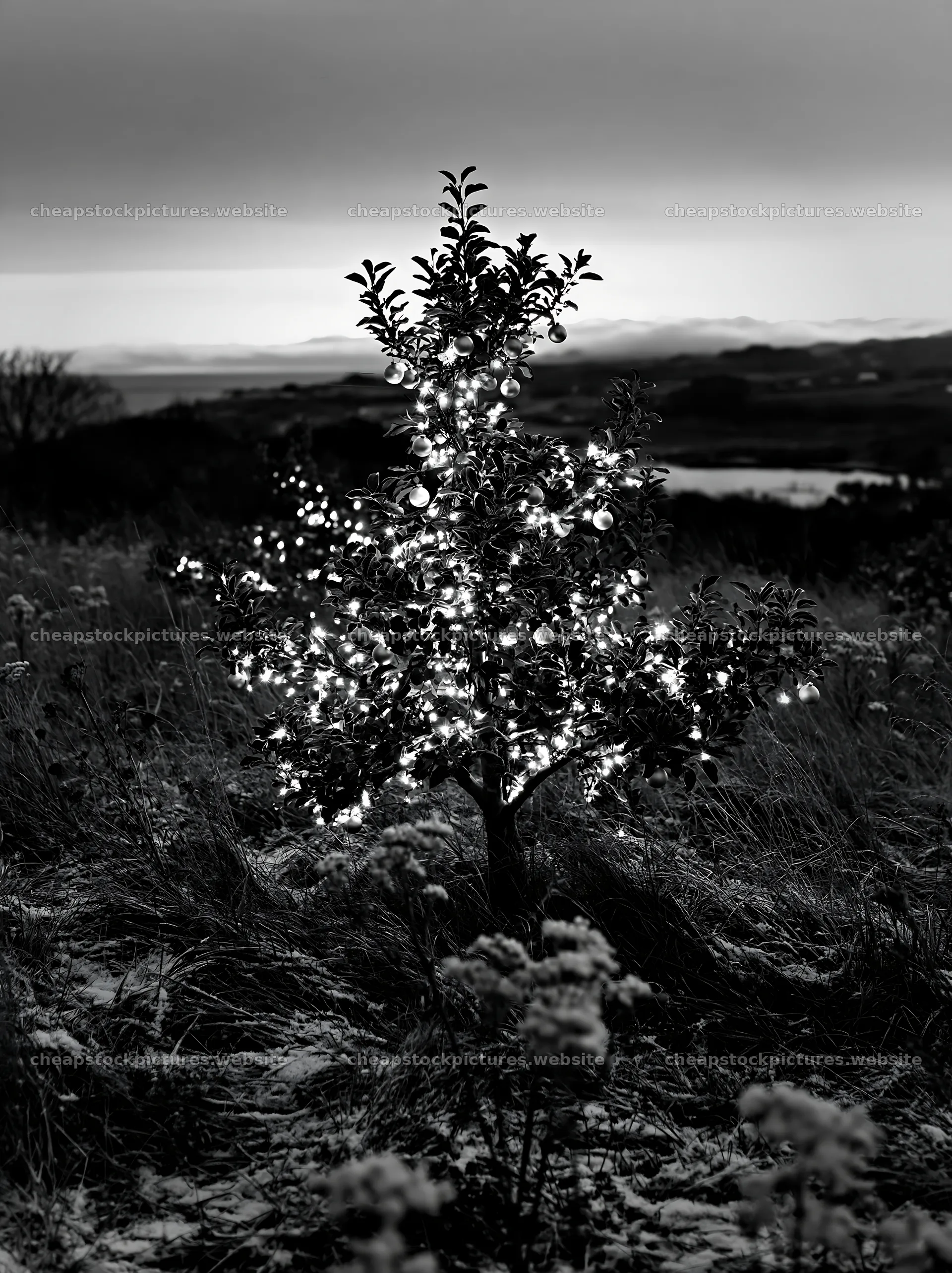 Christmas apple tree lit with lights in a meadow – stock pictures 6866x9174
