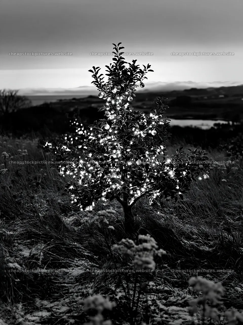 Christmas apple tree lit with lights in a meadow – stock pictures 6866x9174