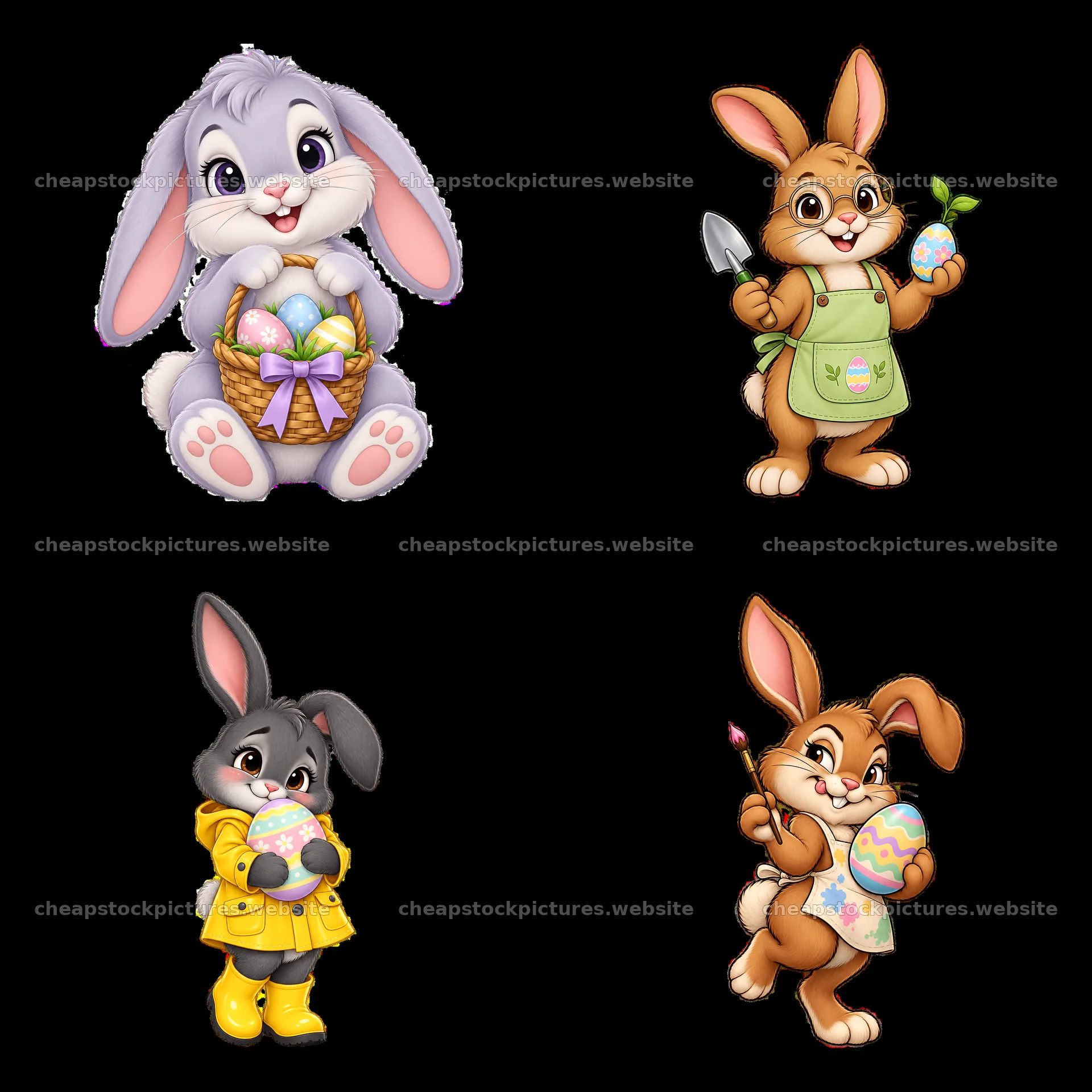 Easter bunnies with eggs and accessories in a grid layout – stock pictures 7746x7746