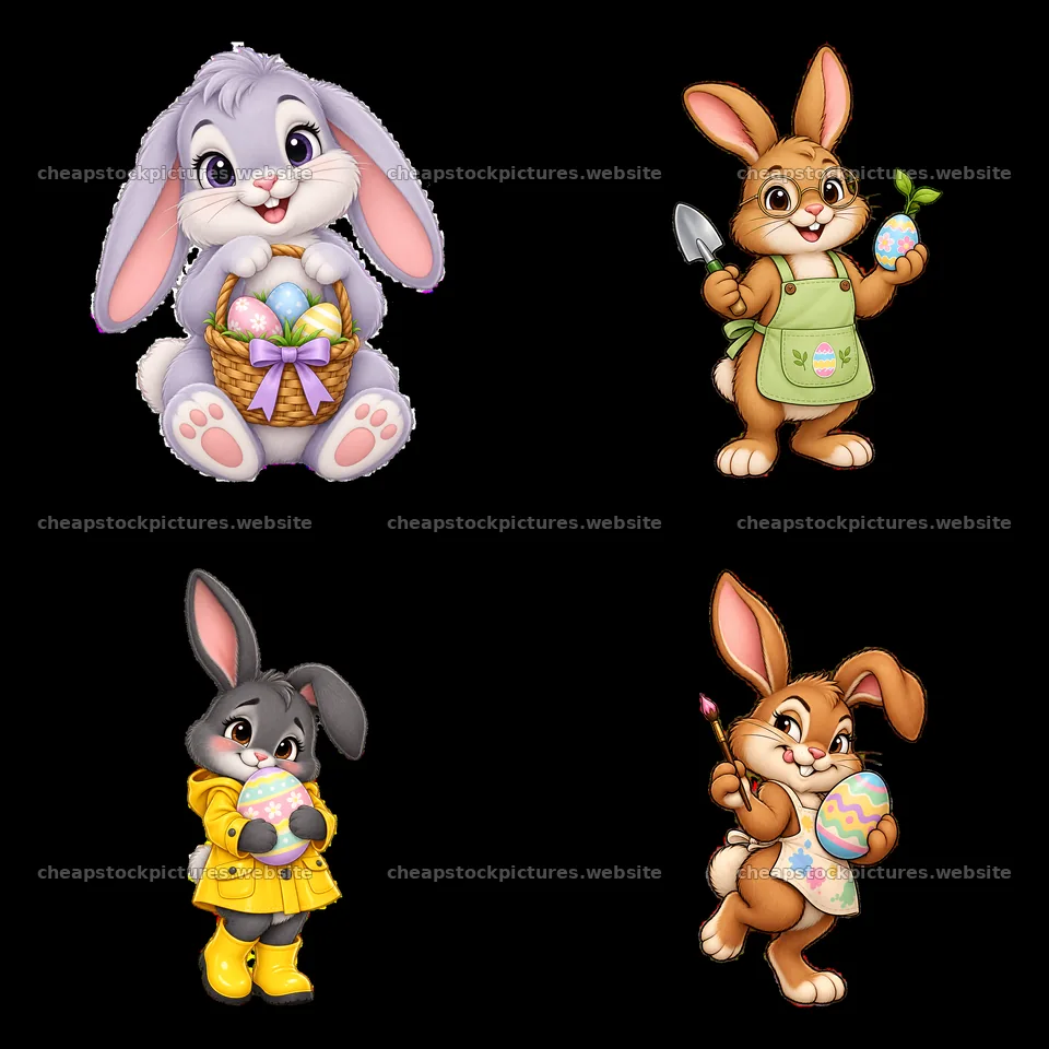 Easter bunnies with eggs and accessories in a grid layout – stock pictures 7746x7746