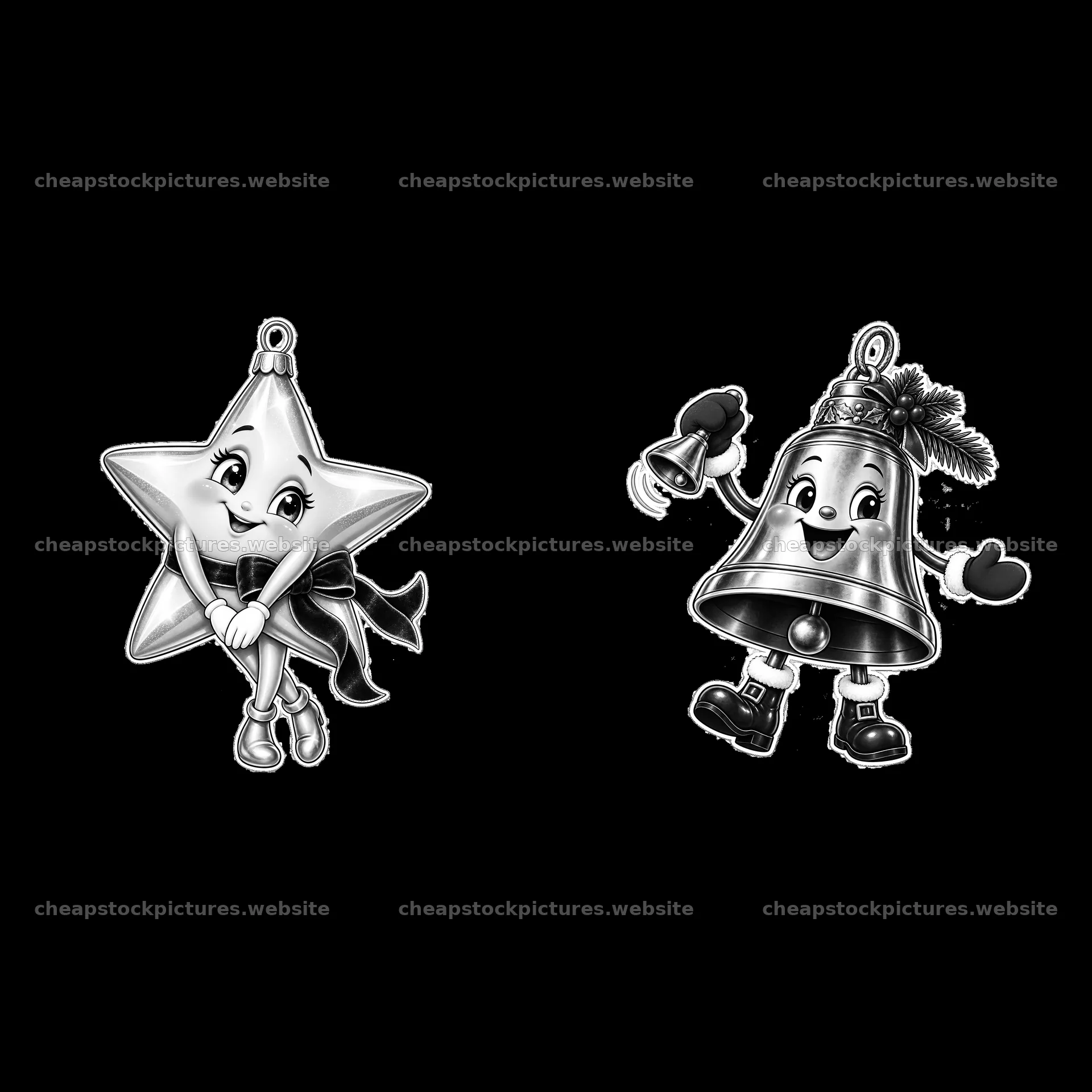 Two cartoon Christmas ornaments featuring a star and bell – stock pictures 7746x7746