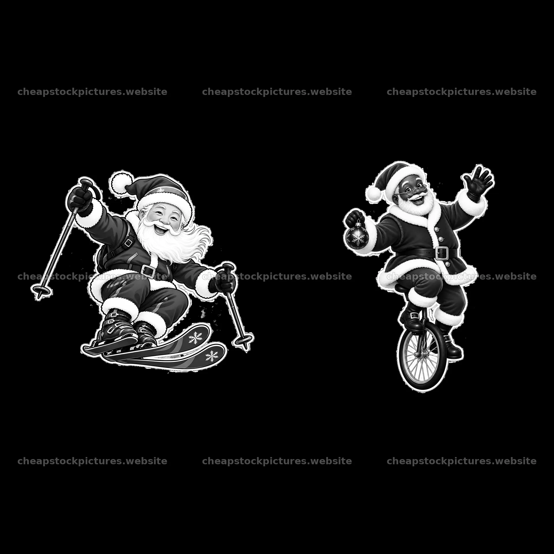 Santa Claus skiing and riding a unicycle cartoon sticker set – stock pictures 7746x7746