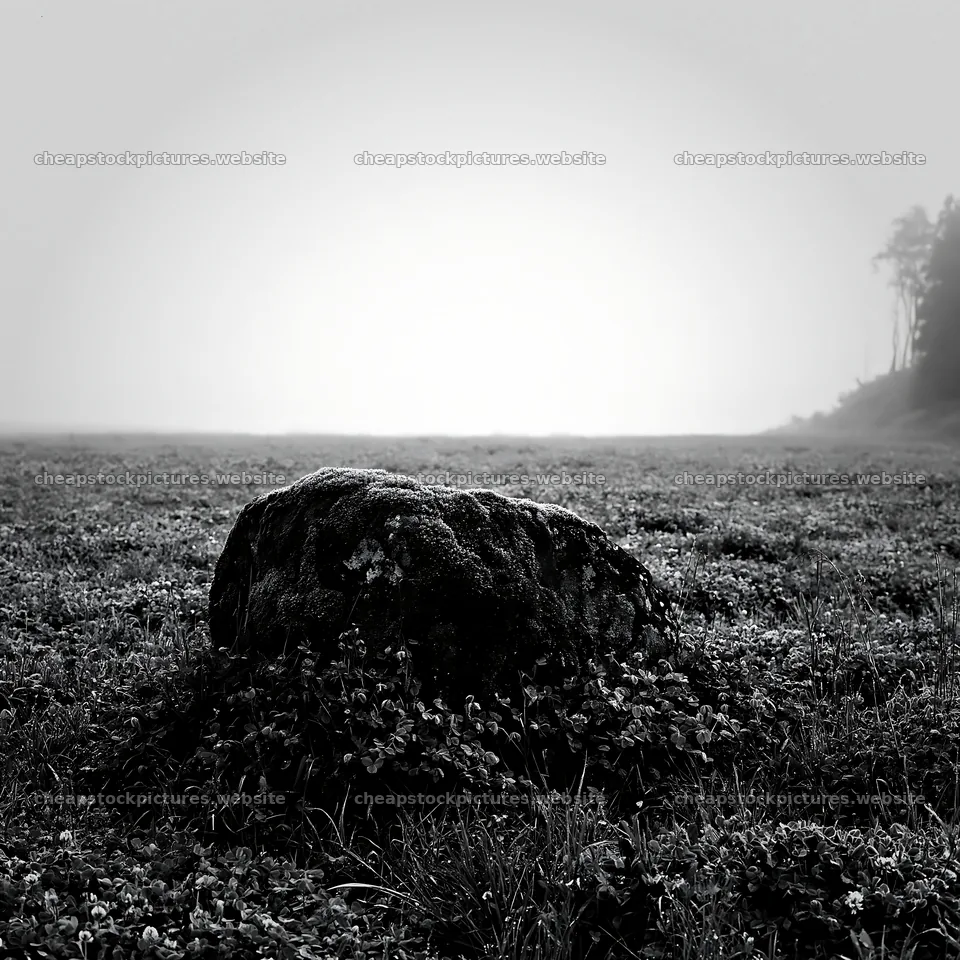 Moss covered stone in a misty meadow – stock pictures 7938x7938