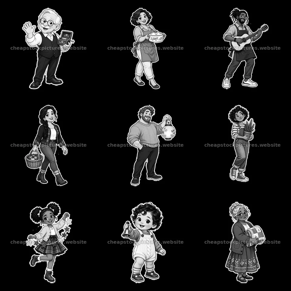 Family members engaged in various activities in a grid layout – stock pictures 7746x7746