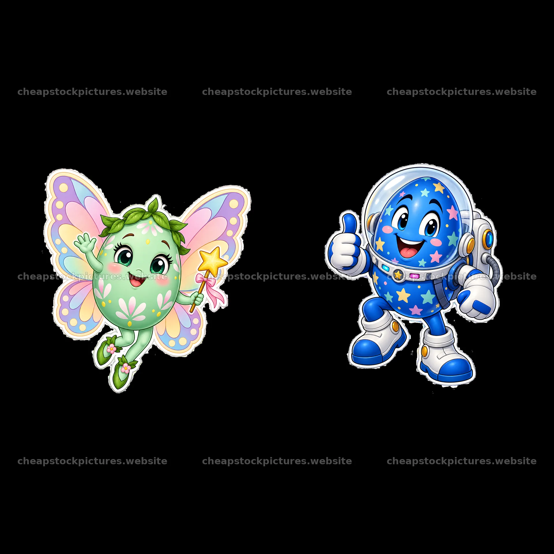 Easter egg fairy and astronaut character cartoon stickers – stock pictures 7746x7746