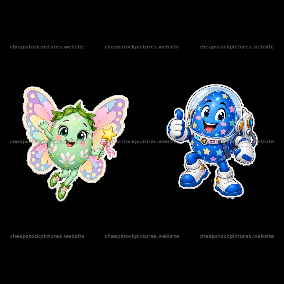 Easter egg fairy and astronaut character cartoon stickers – stock pictures 7746x7746