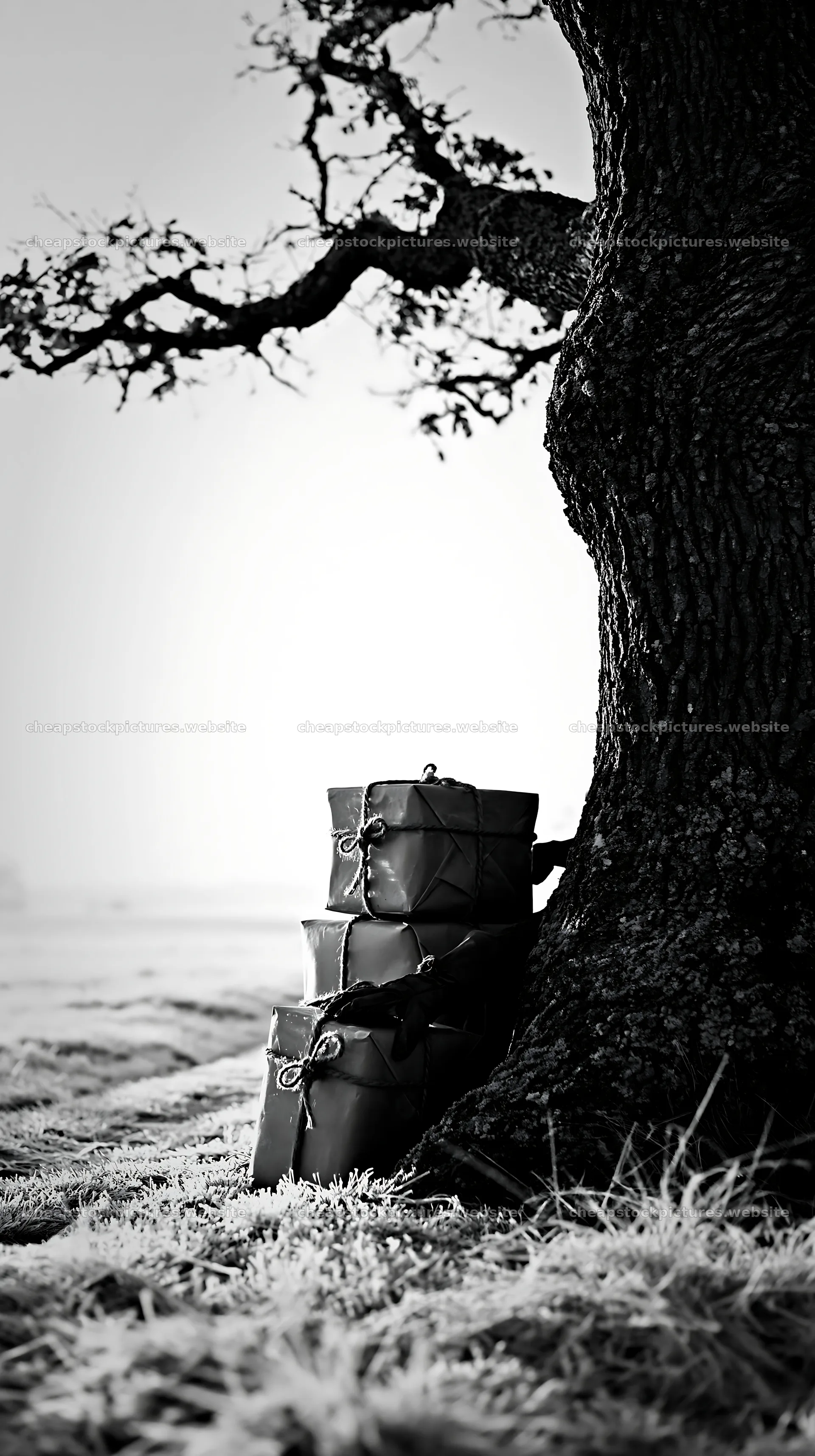 Elegant packages near a tree in a meadow – stock pictures 5938x10608