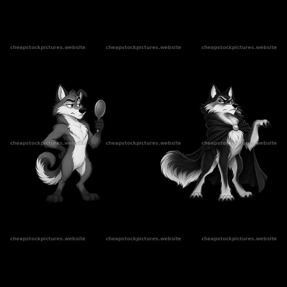 Grumpy wolf characters with magnifying glass and cape – stock pictures 7746x7746