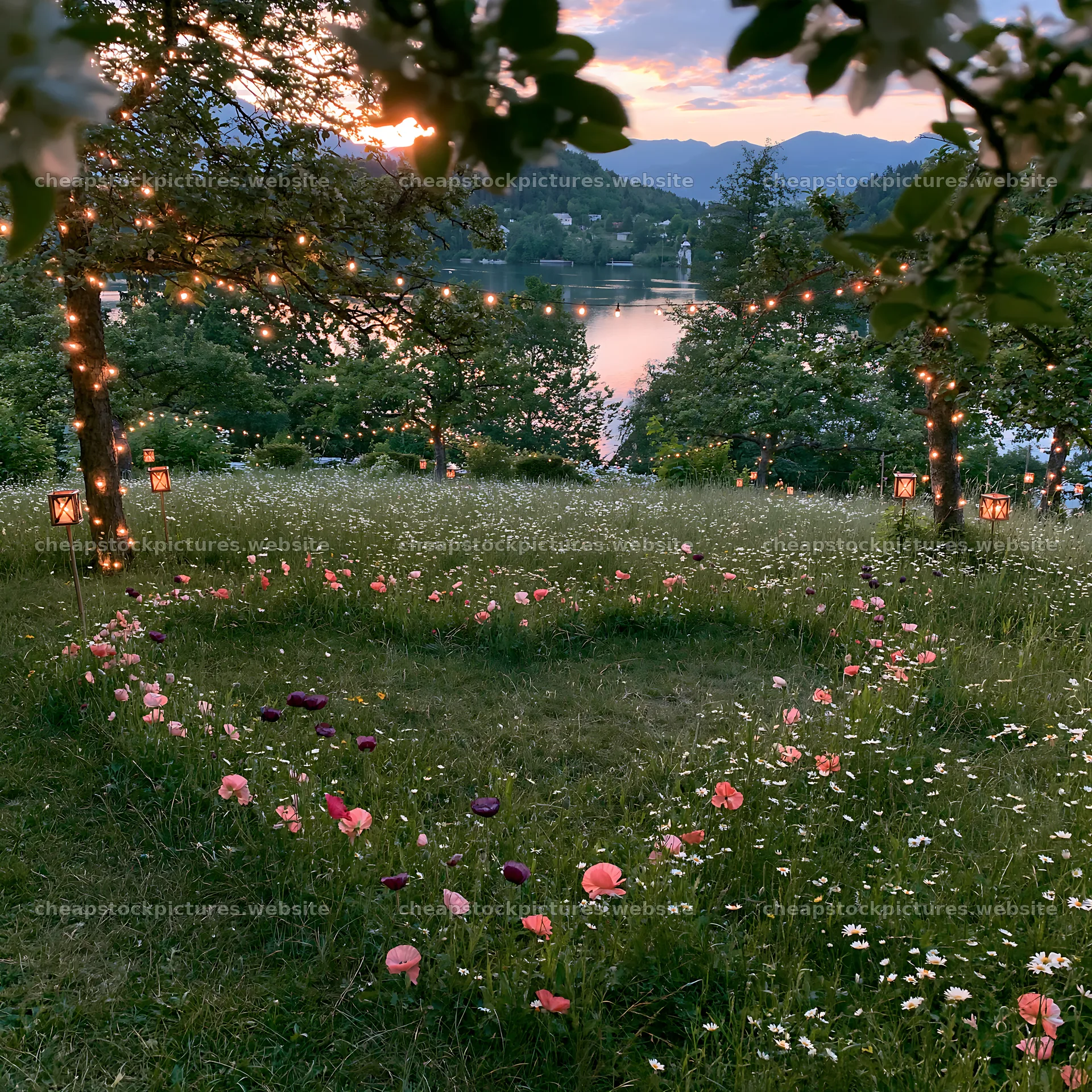 Christmas meadow with apple trees near Lake Bled in evening light – stock pictures 7938x7938